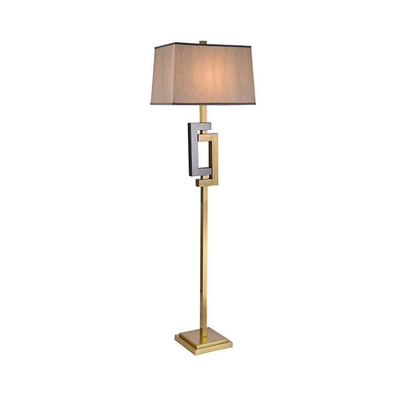 Gold Finish Rectangle Standing Floor Light Modern Single Brown Fabric Shade Floor Lamp Clearhalo 'Floor Lamps' 'Lamps' Lighting' 987657