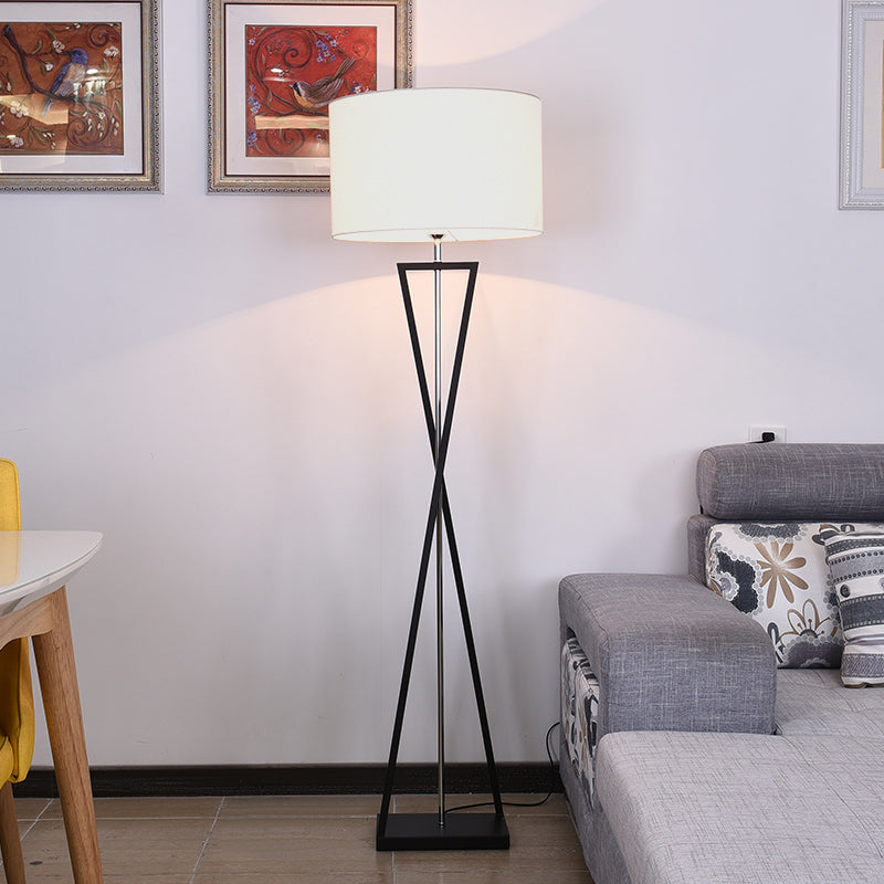 Crossing Line Iron Stand Up Lamp Modern 1 Bulb White/Black/White-Black Reading Floor Lamp with Drum Fabric Shade Black-White Clearhalo 'Floor Lamps' 'Lamps' Lighting' 987659