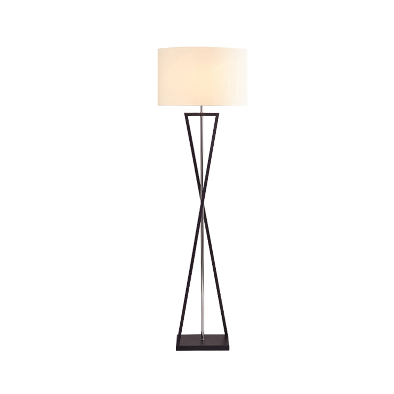 Crossing Line Iron Stand Up Lamp Modern 1 Bulb White/Black/White-Black Reading Floor Lamp with Drum Fabric Shade Clearhalo 'Floor Lamps' 'Lamps' Lighting' 987661