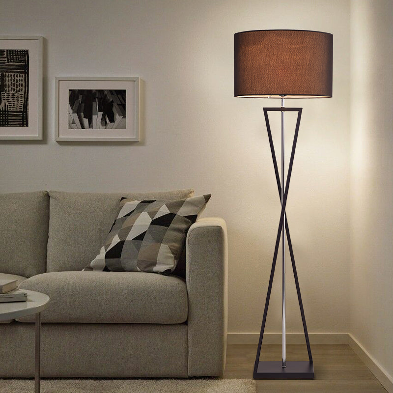 Crossing Line Iron Stand Up Lamp Modern 1 Bulb White/Black/White-Black Reading Floor Lamp with Drum Fabric Shade Black Clearhalo 'Floor Lamps' 'Lamps' Lighting' 987663