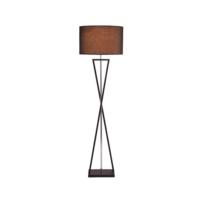 Crossing Line Iron Stand Up Lamp Modern 1 Bulb White/Black/White-Black Reading Floor Lamp with Drum Fabric Shade Clearhalo 'Floor Lamps' 'Lamps' Lighting' 987666