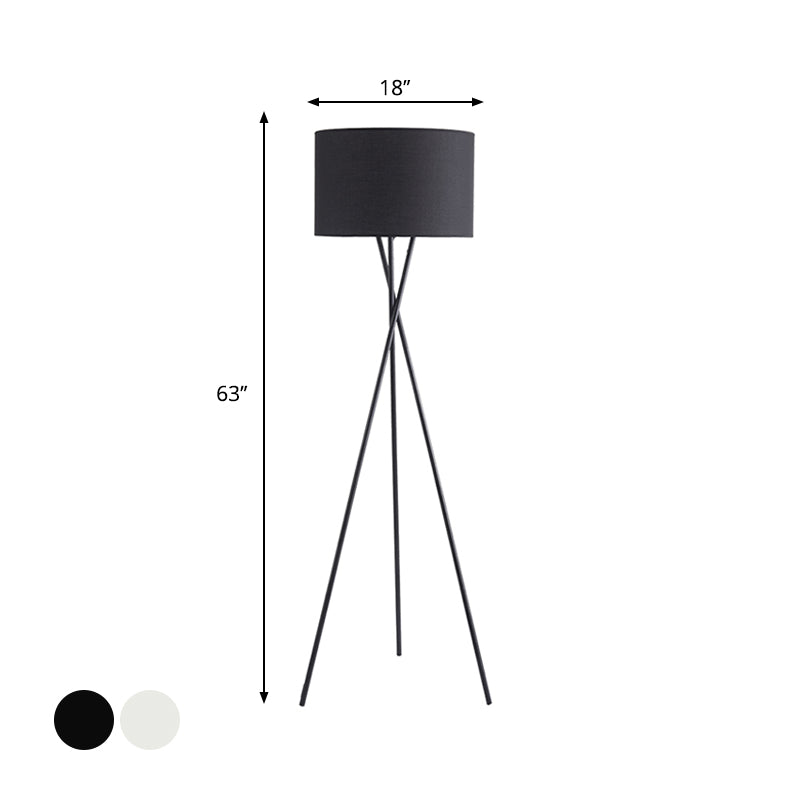 Drum Shade Floor Reading Lamp Simplicity Fabric 1 Light White/Black Tripod Standing Floor Lamp Clearhalo 'Floor Lamps' 'Lamps' Lighting' 987674
