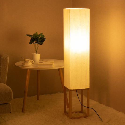 Asian Style 1 Bulb Floor Reading Light with Wood Panel Shade Beige Rectangular Stand Up Lamp Wood Clearhalo 'Floor Lamps' 'Lamps' Lighting' 987679