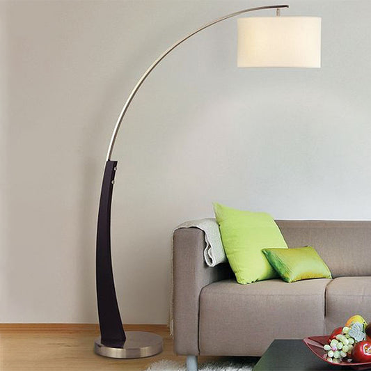 Modernist Overarching Floor Light Metal Single Living Room Floor Lamp with Drum White Fabric Shade in Black Black Clearhalo 'Floor Lamps' 'Lamps' Lighting' 987699