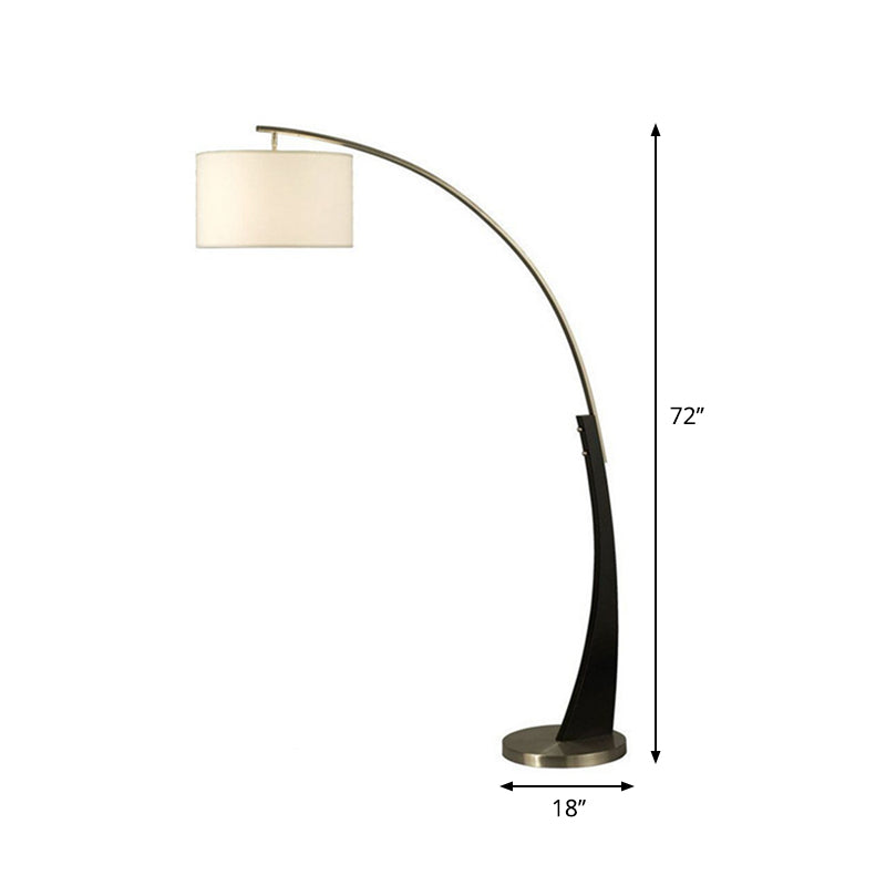 Modernist Overarching Floor Light Metal Single Living Room Floor Lamp with Drum White Fabric Shade in Black Clearhalo 'Floor Lamps' 'Lamps' Lighting' 987702