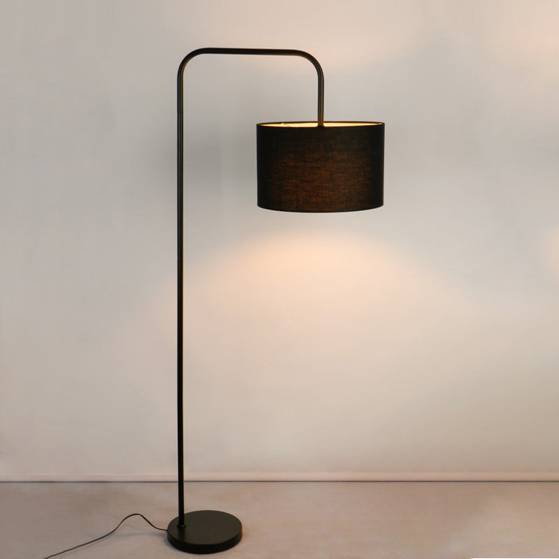 Black Drum Shade Reading Floor Light Simplicity Single Fabric Floor Lamp with Right Angle Arm Black Clearhalo 'Floor Lamps' 'Lamps' Lighting' 987703