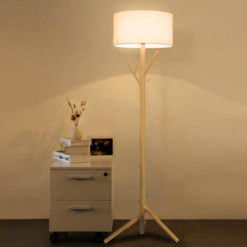 Drum White Fabric Floor Standing Light Contemporary 1-Bulb Wood Tree Stand Up Lamp Wood Clearhalo 'Floor Lamps' 'Lamps' Lighting' 987711