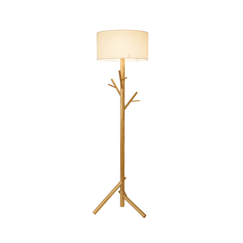 Drum White Fabric Floor Standing Light Contemporary 1-Bulb Wood Tree Stand Up Lamp Clearhalo 'Floor Lamps' 'Lamps' Lighting' 987713