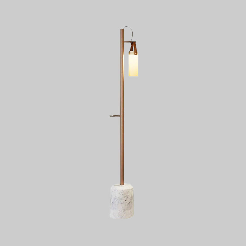 Gold Tubular Standing Floor Light Post Modern 1 Light Opal Glass Floor Lamp with Leatherwear Handle Clearhalo 'Floor Lamps' 'Lamps' Lighting' 987741