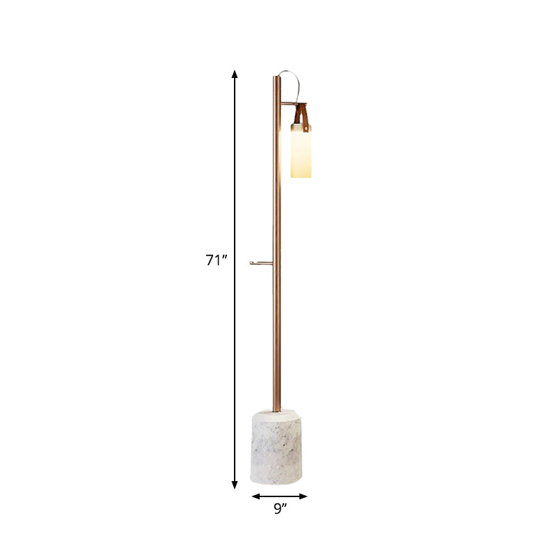 Gold Tubular Standing Floor Light Post Modern 1 Light Opal Glass Floor Lamp with Leatherwear Handle Clearhalo 'Floor Lamps' 'Lamps' Lighting' 987742