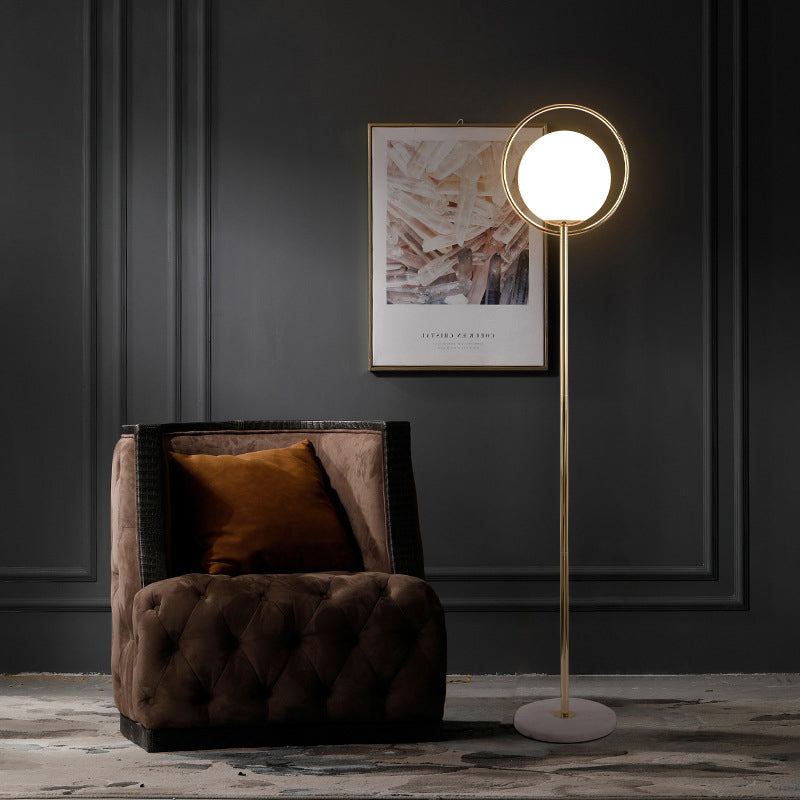 Halo Ring Floor Lamp Minimalism Metal 1 Head Black/Gold Stand Up Light with Globe White Glass Shade Clearhalo 'Floor Lamps' 'Lamps' Lighting' 987752