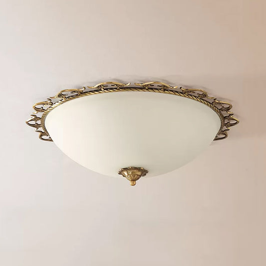 3/5 Bulbs Half-Globe Flush Light Rural Brass Frosted White Glass Ceiling Mount Lamp with Trim Clearhalo 'Ceiling Lights' 'Close To Ceiling Lights' 'Close to ceiling' 'Flush mount' Lighting' 987812