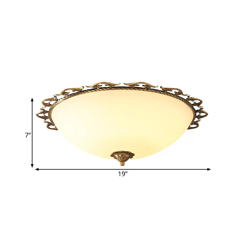 3/5 Bulbs Half-Globe Flush Light Rural Brass Frosted White Glass Ceiling Mount Lamp with Trim Clearhalo 'Ceiling Lights' 'Close To Ceiling Lights' 'Close to ceiling' 'Flush mount' Lighting' 987813