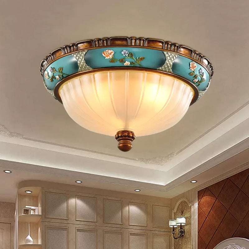 Green 3 Bulbs Ceiling Flush Light Retro Ribbed Glass Embossed Flower Hemispherical Flush Mount Lighting, 15"/19" Wide Clearhalo 'Ceiling Lights' 'Close To Ceiling Lights' 'Close to ceiling' 'Flush mount' Lighting' 987840