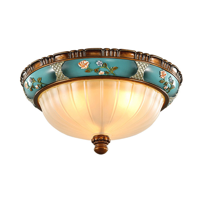 Green 3 Bulbs Ceiling Flush Light Retro Ribbed Glass Embossed Flower Hemispherical Flush Mount Lighting, 15"/19" Wide Clearhalo 'Ceiling Lights' 'Close To Ceiling Lights' 'Close to ceiling' 'Flush mount' Lighting' 987841