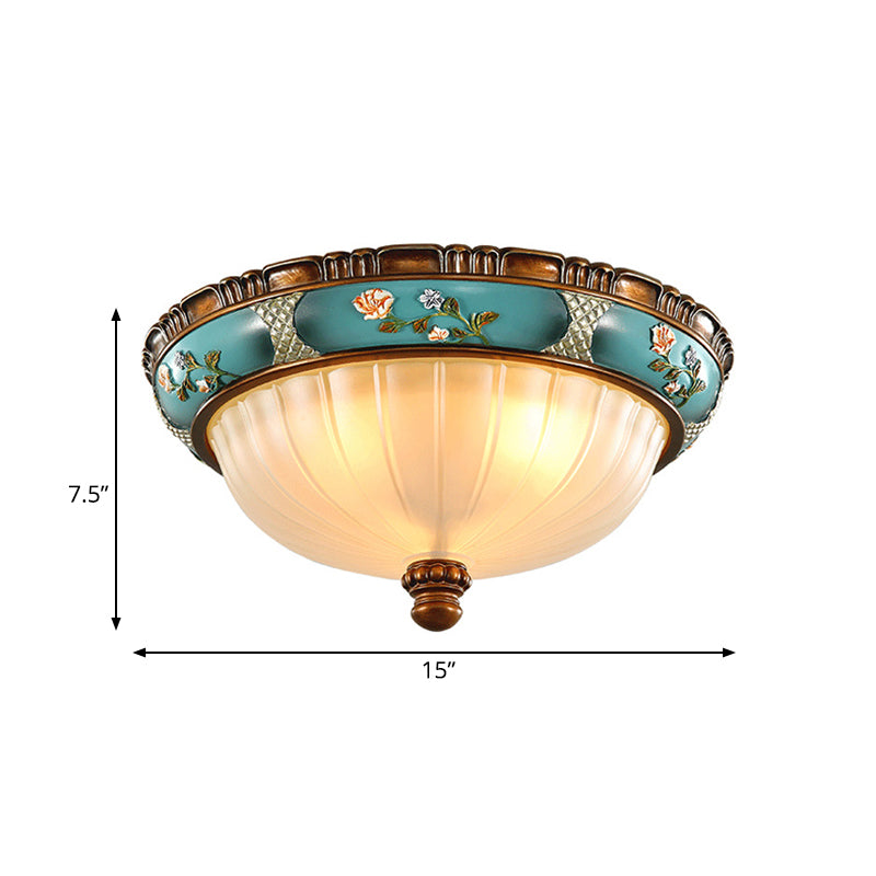 Green 3 Bulbs Ceiling Flush Light Retro Ribbed Glass Embossed Flower Hemispherical Flush Mount Lighting, 15"/19" Wide Clearhalo 'Ceiling Lights' 'Close To Ceiling Lights' 'Close to ceiling' 'Flush mount' Lighting' 987842