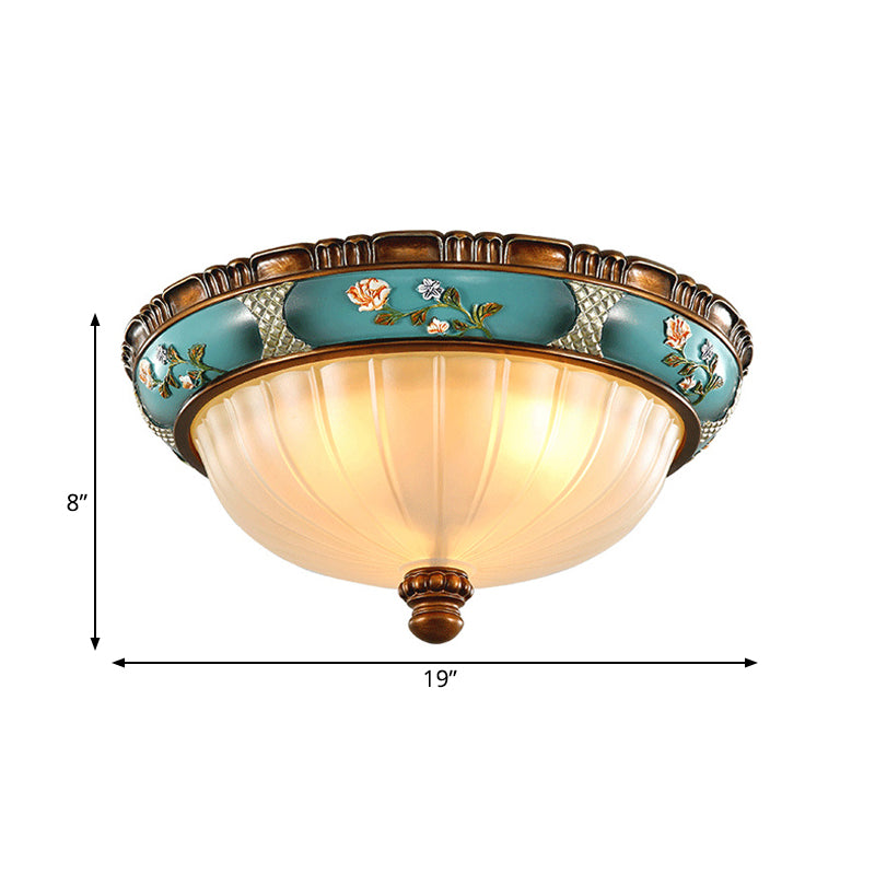 Green 3 Bulbs Ceiling Flush Light Retro Ribbed Glass Embossed Flower Hemispherical Flush Mount Lighting, 15"/19" Wide Clearhalo 'Ceiling Lights' 'Close To Ceiling Lights' 'Close to ceiling' 'Flush mount' Lighting' 987843