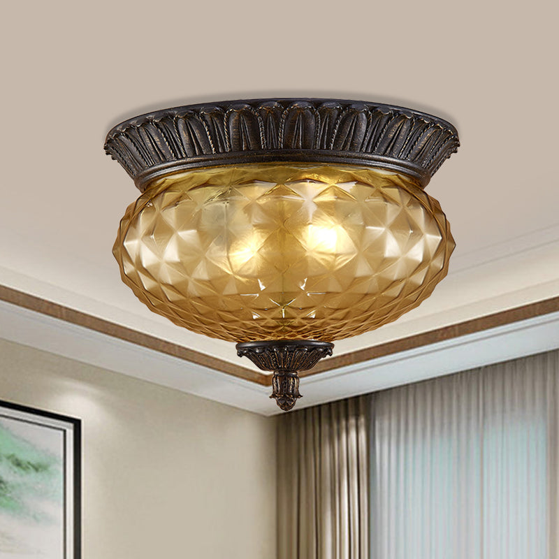 Oval Kitchen Flush Mount Lamp Rustic Amber Beveled Glass 2-Bulb Black Ceiling Lighting Fixture Amber Clearhalo 'Ceiling Lights' 'Close To Ceiling Lights' 'Close to ceiling' 'Flush mount' Lighting' 987844