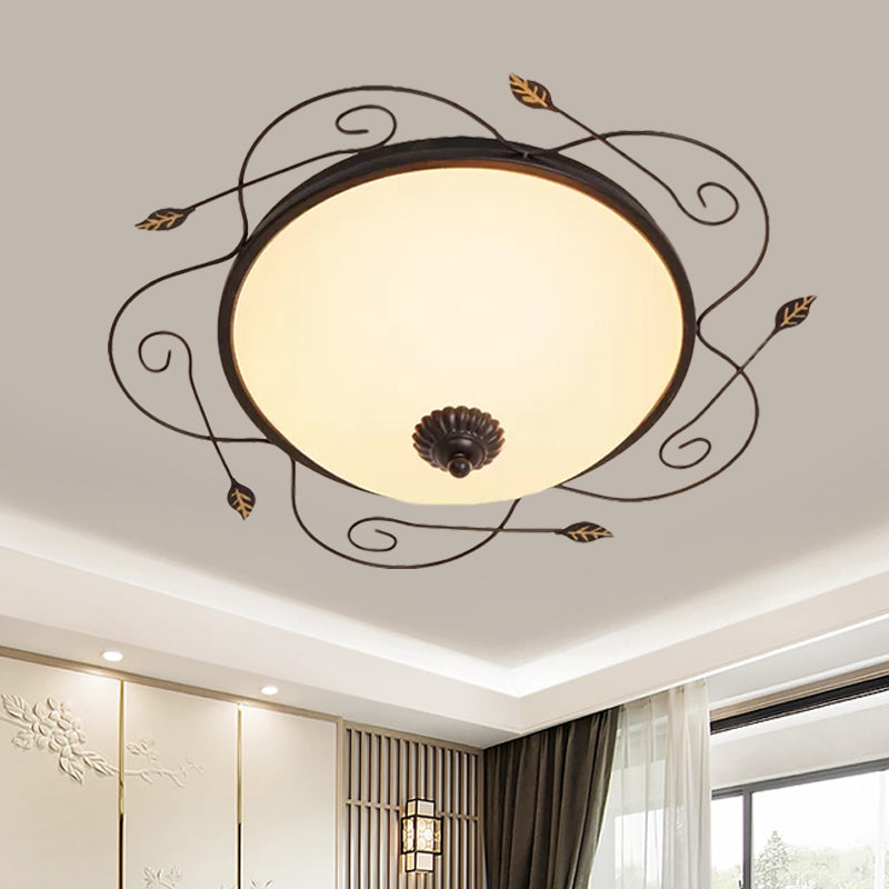 Dome Ivory Glass Flushmount Rural 3-Head Dining Room Flush Mount Ceiling Lighting with Twined Vines in Black, 18"/25" W Black 18" Clearhalo 'Ceiling Lights' 'Close To Ceiling Lights' 'Close to ceiling' 'Flush mount' Lighting' 987858