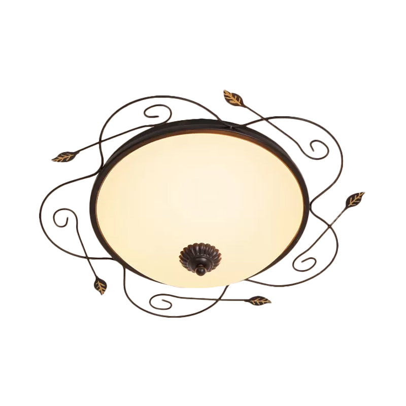 Dome Ivory Glass Flushmount Rural 3-Head Dining Room Flush Mount Ceiling Lighting with Twined Vines in Black, 18"/25" W Clearhalo 'Ceiling Lights' 'Close To Ceiling Lights' 'Close to ceiling' 'Flush mount' Lighting' 987860