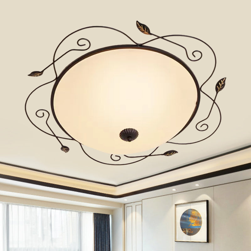 Dome Ivory Glass Flushmount Rural 3-Head Dining Room Flush Mount Ceiling Lighting with Twined Vines in Black, 18"/25" W Black 25" Clearhalo 'Ceiling Lights' 'Close To Ceiling Lights' 'Close to ceiling' 'Flush mount' Lighting' 987862