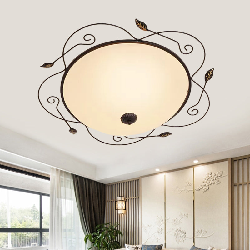 Dome Ivory Glass Flushmount Rural 3-Head Dining Room Flush Mount Ceiling Lighting with Twined Vines in Black, 18"/25" W Clearhalo 'Ceiling Lights' 'Close To Ceiling Lights' 'Close to ceiling' 'Flush mount' Lighting' 987863