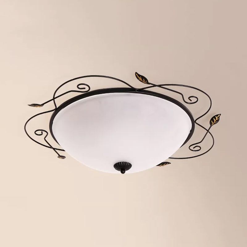 Dome Ivory Glass Flushmount Rural 3-Head Dining Room Flush Mount Ceiling Lighting with Twined Vines in Black, 18"/25" W Clearhalo 'Ceiling Lights' 'Close To Ceiling Lights' 'Close to ceiling' 'Flush mount' Lighting' 987865