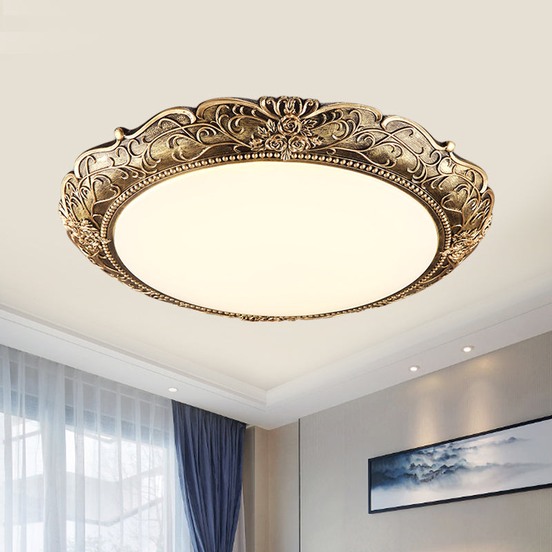 Disc Bedroom Ceiling Light Farmhouse Resin Brass LED Flush Mounted Lamp with Embossed Rose Trim, 18.5"/21" Dia Brass Clearhalo 'Ceiling Lights' 'Close To Ceiling Lights' 'Close to ceiling' 'Flush mount' Lighting' 987871