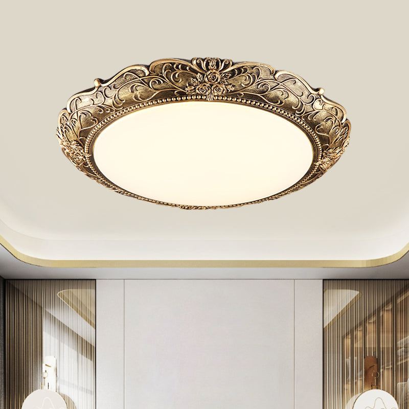 Disc Bedroom Ceiling Light Farmhouse Resin Brass LED Flush Mounted Lamp with Embossed Rose Trim, 18.5"/21" Dia Clearhalo 'Ceiling Lights' 'Close To Ceiling Lights' 'Close to ceiling' 'Flush mount' Lighting' 987872