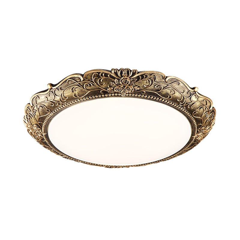 Disc Bedroom Ceiling Light Farmhouse Resin Brass LED Flush Mounted Lamp with Embossed Rose Trim, 18.5"/21" Dia Clearhalo 'Ceiling Lights' 'Close To Ceiling Lights' 'Close to ceiling' 'Flush mount' Lighting' 987873