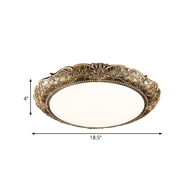 Disc Bedroom Ceiling Light Farmhouse Resin Brass LED Flush Mounted Lamp with Embossed Rose Trim, 18.5"/21" Dia Clearhalo 'Ceiling Lights' 'Close To Ceiling Lights' 'Close to ceiling' 'Flush mount' Lighting' 987874