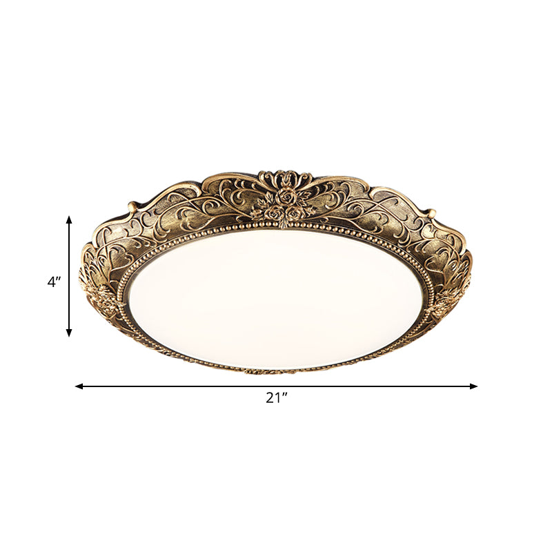 Disc Bedroom Ceiling Light Farmhouse Resin Brass LED Flush Mounted Lamp with Embossed Rose Trim, 18.5"/21" Dia Clearhalo 'Ceiling Lights' 'Close To Ceiling Lights' 'Close to ceiling' 'Flush mount' Lighting' 987875