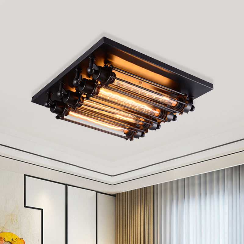 4-Head Clear Tube Glass Flush Mount Lamp Industrial Black Square Corridor Flush Mount Ceiling Fixture Black Clearhalo 'Ceiling Lights' 'Close To Ceiling Lights' 'Close to ceiling' 'Flush mount' Lighting' 987897