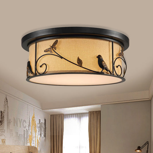 Drum Fabric Ceiling Flush Mount Cottage Bedroom LED Flushmount Lighting with Pastoral Scene Decor in Black Black Clearhalo 'Ceiling Lights' 'Close To Ceiling Lights' 'Close to ceiling' 'Flush mount' Lighting' 987905