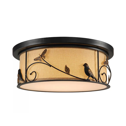 Drum Fabric Ceiling Flush Mount Cottage Bedroom LED Flushmount Lighting with Pastoral Scene Decor in Black Clearhalo 'Ceiling Lights' 'Close To Ceiling Lights' 'Close to ceiling' 'Flush mount' Lighting' 987906