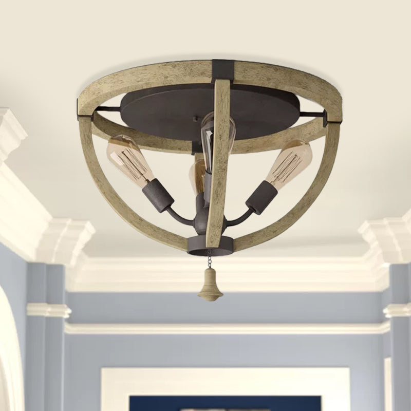 Wood Khaki Semi Mount Lighting Dome Frame 4-Bulb Warehouse Style Ceiling Flush Light Khaki Clearhalo 'Ceiling Lights' 'Close To Ceiling Lights' 'Close to ceiling' 'Semi-flushmount' Lighting' 987909