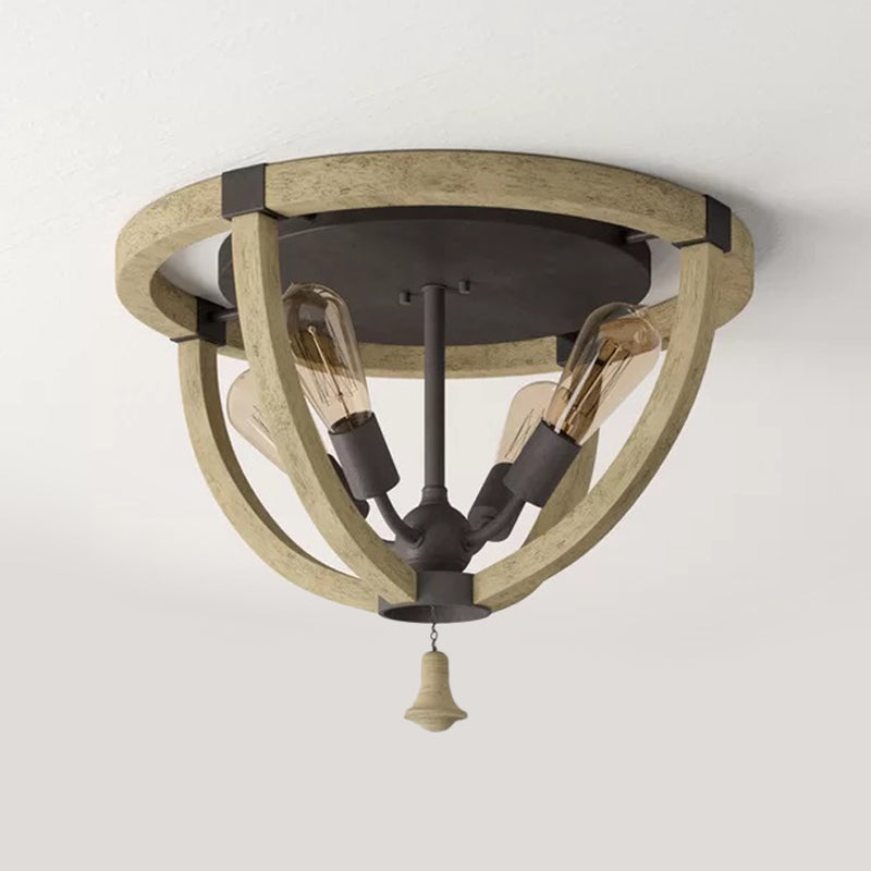 Wood Khaki Semi Mount Lighting Dome Frame 4-Bulb Warehouse Style Ceiling Flush Light Clearhalo 'Ceiling Lights' 'Close To Ceiling Lights' 'Close to ceiling' 'Semi-flushmount' Lighting' 987911