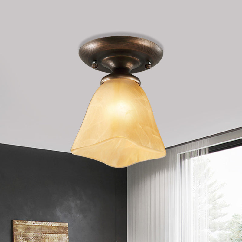 Cloud Effect Glass Tan Flushmount Cowbell Shaped 1-Light Rural Close to Ceiling Lighting for Stairs Tan Clearhalo 'Ceiling Lights' 'Close To Ceiling Lights' 'Close to ceiling' 'Flush mount' Lighting' 987921