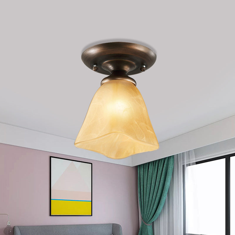 Cloud Effect Glass Tan Flushmount Cowbell Shaped 1-Light Rural Close to Ceiling Lighting for Stairs Clearhalo 'Ceiling Lights' 'Close To Ceiling Lights' 'Close to ceiling' 'Flush mount' Lighting' 987922