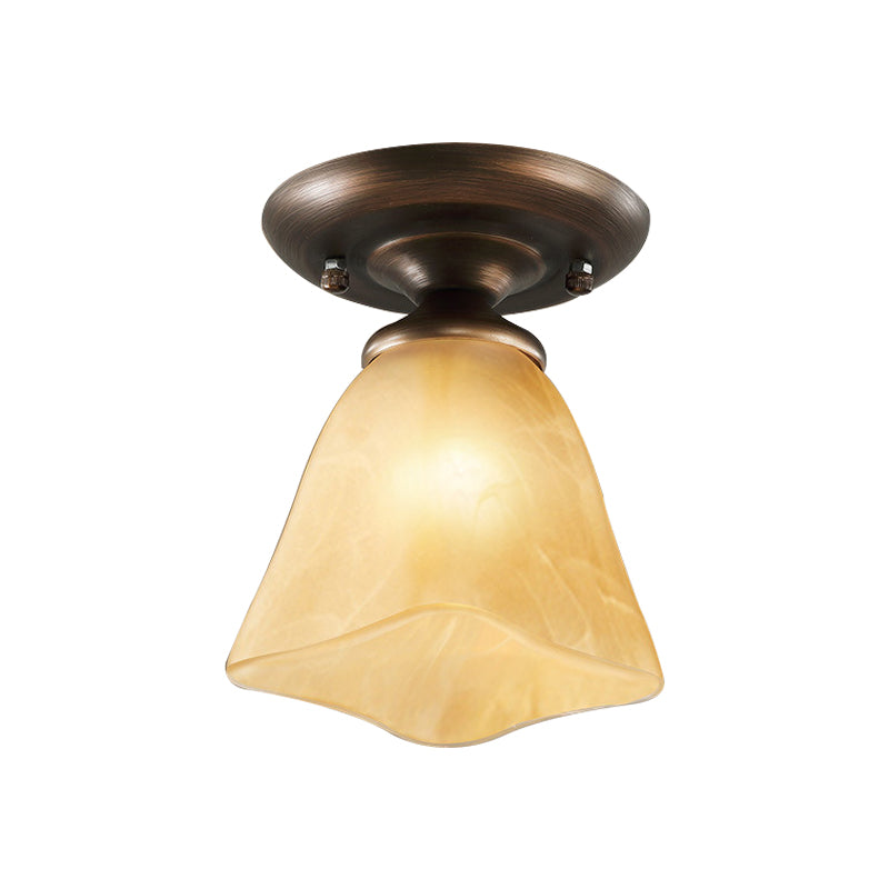 Cloud Effect Glass Tan Flushmount Cowbell Shaped 1-Light Rural Close to Ceiling Lighting for Stairs Clearhalo 'Ceiling Lights' 'Close To Ceiling Lights' 'Close to ceiling' 'Flush mount' Lighting' 987923