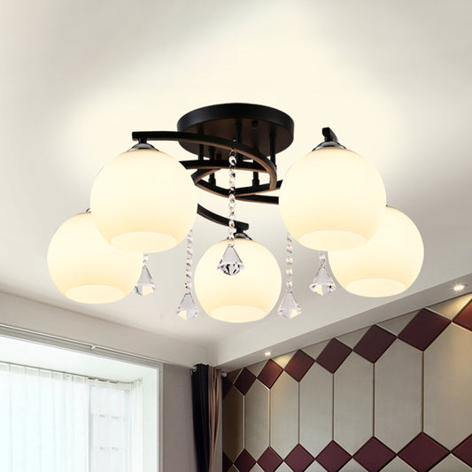 Black Finish Sphere Semi Flush Lamp Fixture Modernist Cream Glass 5 Bulbs Spiral Flush Mount Lighting Black Clearhalo 'Ceiling Lights' 'Close To Ceiling Lights' 'Close to ceiling' 'Semi-flushmount' Lighting' 987942