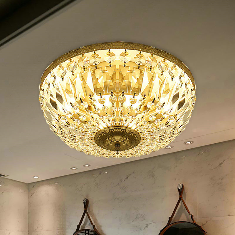 Modernism Dome Flush Light Clear Crystal Strand 4-Head Living Room Ceiling Lamp Fixture in Brass Clearhalo 'Ceiling Lights' 'Close To Ceiling Lights' 'Close to ceiling' 'Flush mount' Lighting' 987947