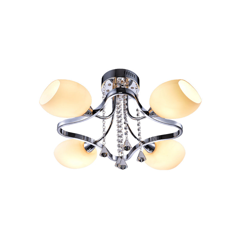 Dome Bedroom Semi-Flush Ceiling Light White Glass 4 Lights Modernism Flush Lamp with Rhombus Frame in Chrome Clearhalo 'Ceiling Lights' 'Close To Ceiling Lights' 'Close to ceiling' 'Semi-flushmount' Lighting' 987951