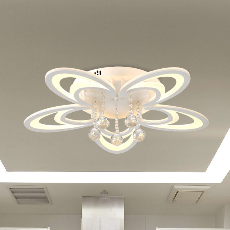 Acrylic Floral Semi Mount Lighting Contemporary LED Flush Ceiling Lamp in White with Crystal Droplet Clearhalo 'Ceiling Lights' 'Close To Ceiling Lights' 'Close to ceiling' 'Semi-flushmount' Lighting' 987975