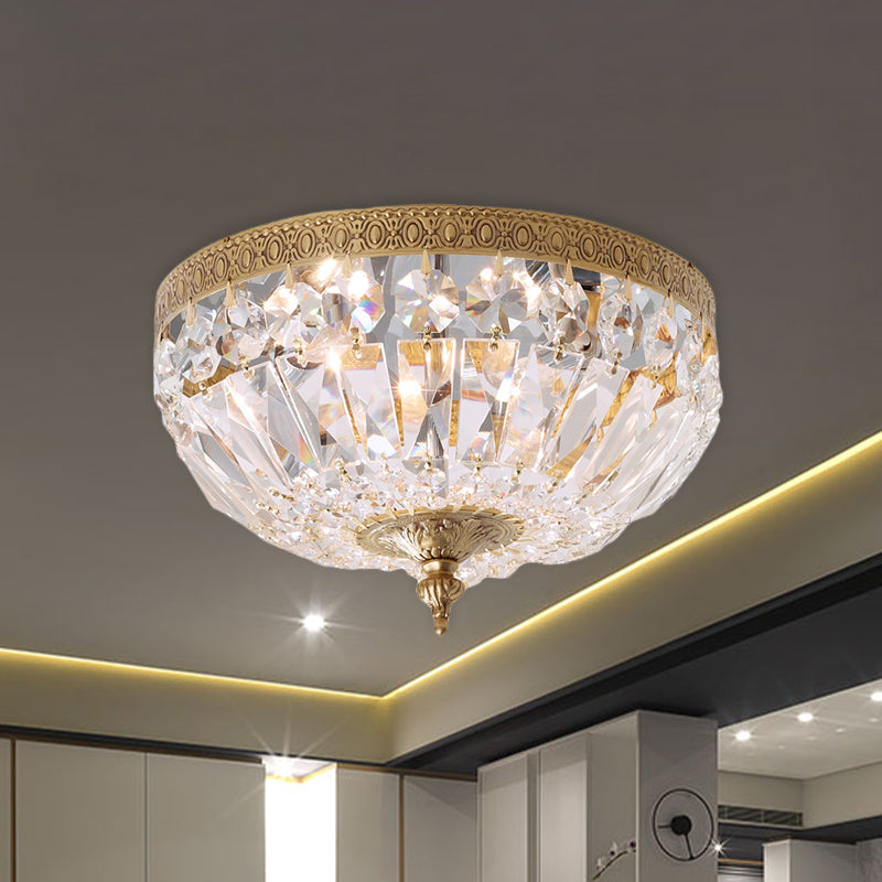 Post Modern Bowl-Shape Flush Lighting Beveled Crystal Strand 2 Bulbs Bedroom Ceiling Mounted Lamp in Brass Brass Clearhalo 'Ceiling Lights' 'Close To Ceiling Lights' 'Close to ceiling' 'Flush mount' Lighting' 987978