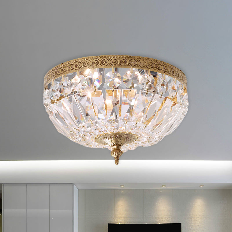 Post Modern Bowl-Shape Flush Lighting Beveled Crystal Strand 2 Bulbs Bedroom Ceiling Mounted Lamp in Brass Clearhalo 'Ceiling Lights' 'Close To Ceiling Lights' 'Close to ceiling' 'Flush mount' Lighting' 987979