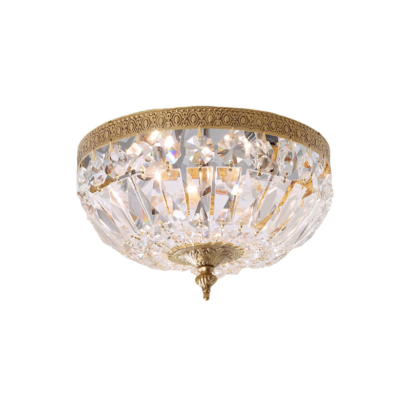 Post Modern Bowl-Shape Flush Lighting Beveled Crystal Strand 2 Bulbs Bedroom Ceiling Mounted Lamp in Brass Clearhalo 'Ceiling Lights' 'Close To Ceiling Lights' 'Close to ceiling' 'Flush mount' Lighting' 987980