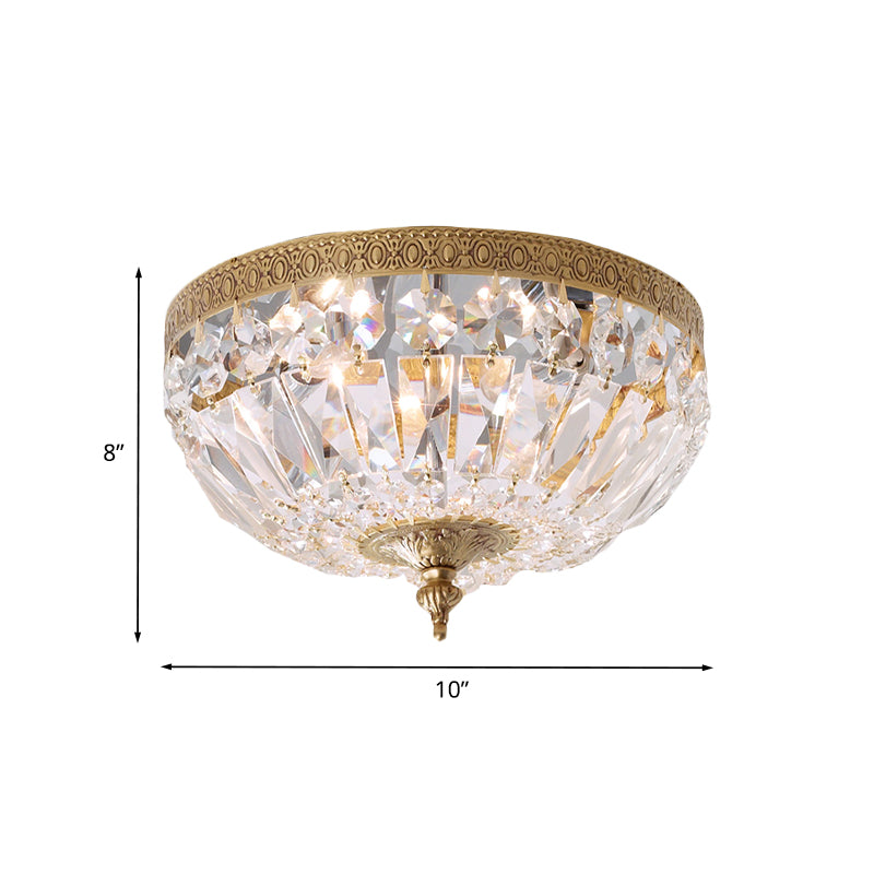 Post Modern Bowl-Shape Flush Lighting Beveled Crystal Strand 2 Bulbs Bedroom Ceiling Mounted Lamp in Brass Clearhalo 'Ceiling Lights' 'Close To Ceiling Lights' 'Close to ceiling' 'Flush mount' Lighting' 987981