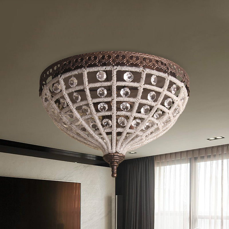 Bronze Domed Cage Flush Mount Lamp Antiqued 2-Light Crystal Bead Ceiling Light Fixture Bronze Clearhalo 'Ceiling Lights' 'Close To Ceiling Lights' 'Close to ceiling' 'Flush mount' Lighting' 987982