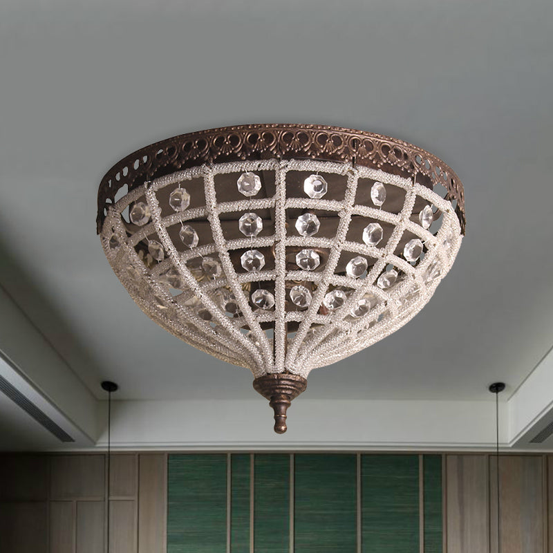 Bronze Domed Cage Flush Mount Lamp Antiqued 2-Light Crystal Bead Ceiling Light Fixture Clearhalo 'Ceiling Lights' 'Close To Ceiling Lights' 'Close to ceiling' 'Flush mount' Lighting' 987983